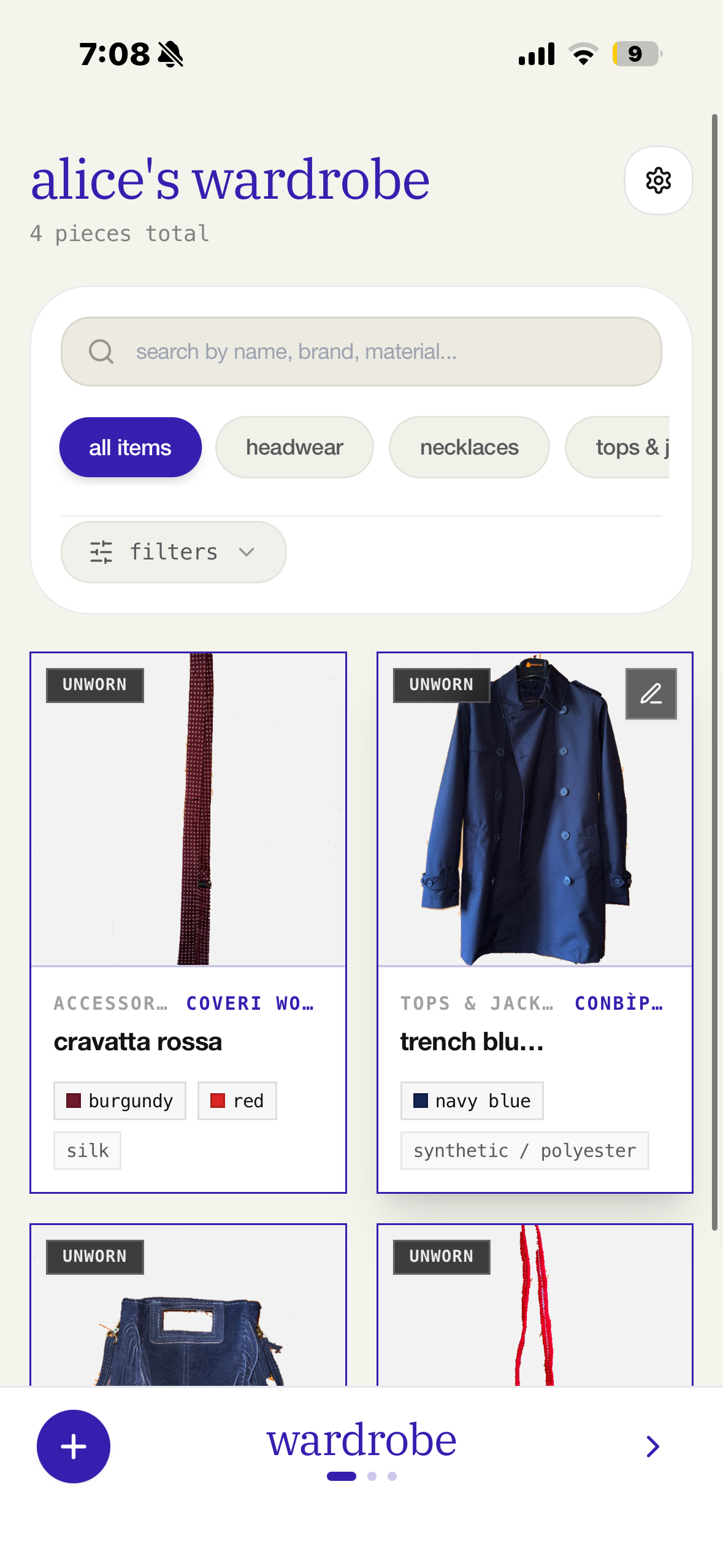 Clotho Digital Wardrobe interface on iPhone