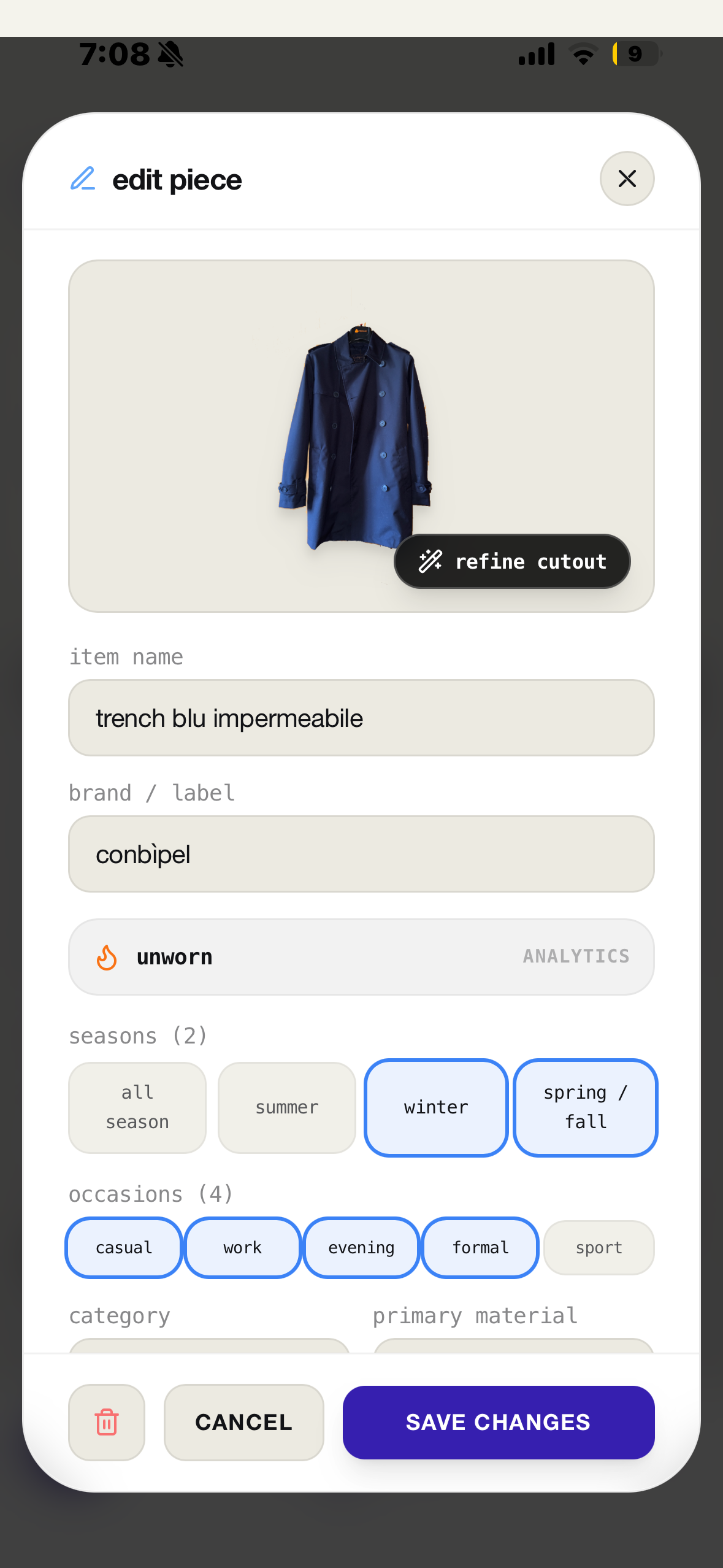 Clotho Piece Edit and Archival details on iPhone